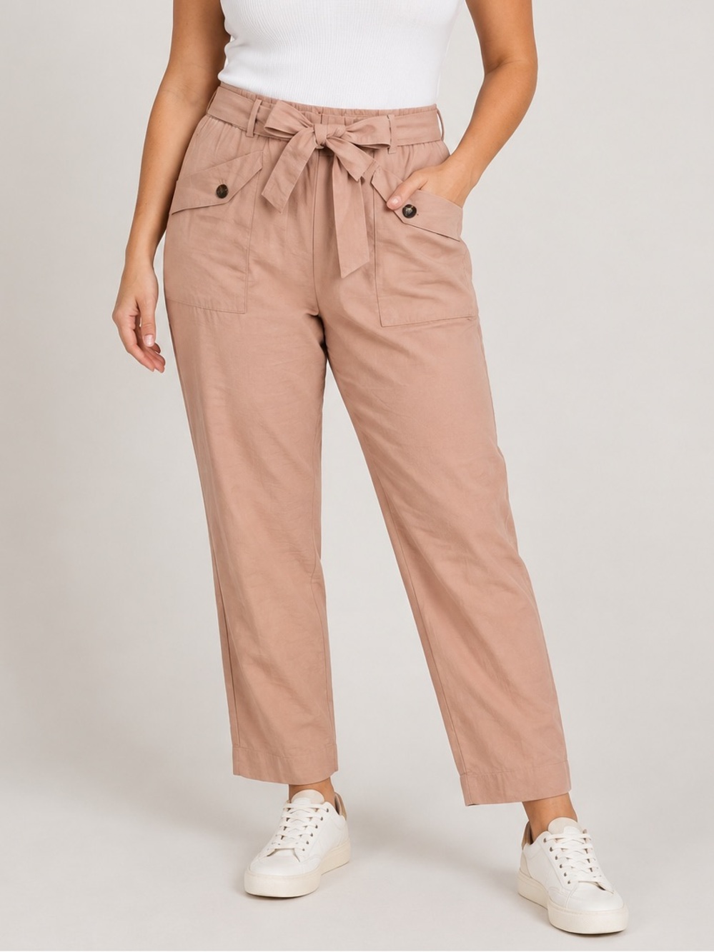 NEW Ann Taylor Factory Tie Waist Tan Trench Pants w Pockets Straight Leg
